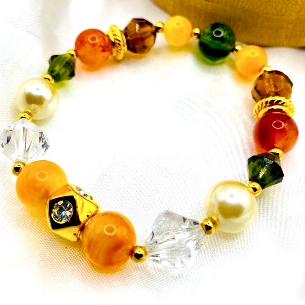 multicolor beaded stretch bracelet mix of beads, orange and green stones